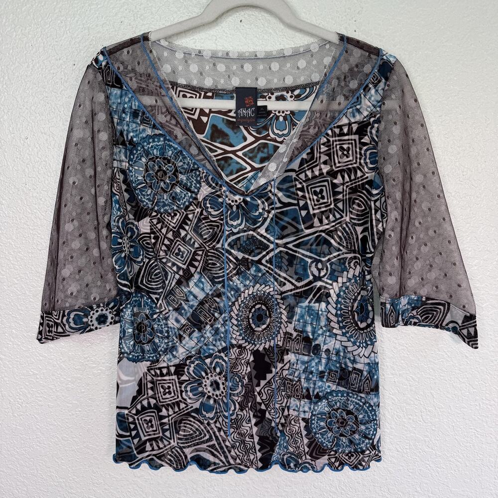 ANAC by Kimi Y2K Top Womens XL Sheer Mesh Geometric Floral Blouse Boho Art 2000s